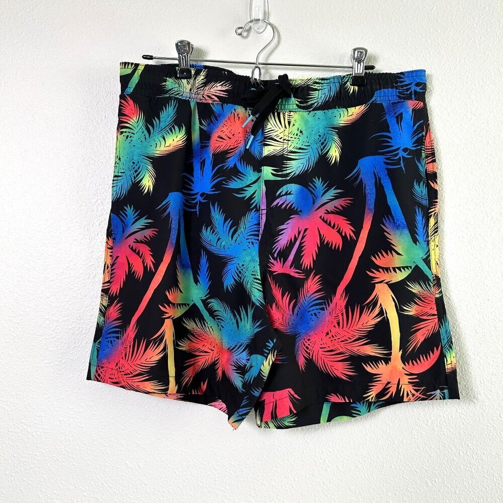 Surf Society Swim Trunks Shorts Mens Size L Black Neon Ombre Palm Floral Pockets